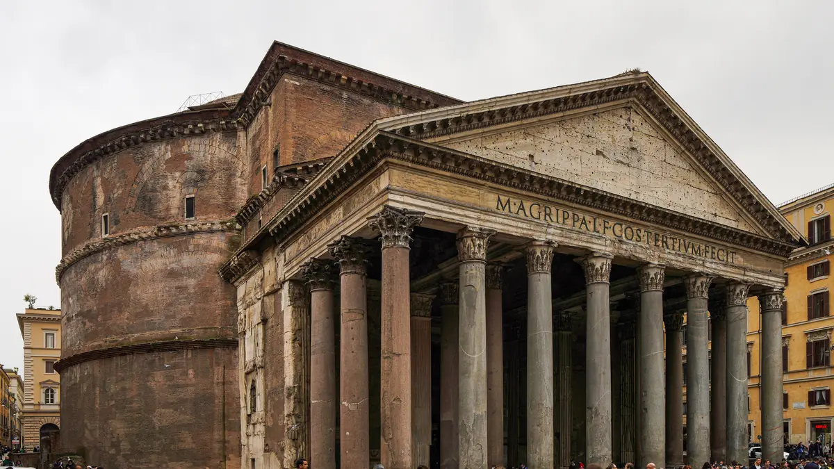 The Pantheon in Rome, its portico columns and brick rotunda